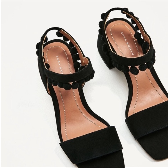 Zara Black Leather Mid Heel Pom Pom Sandals - Picture 3 of 4